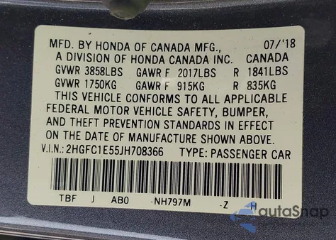 2018 Honda Civic Si z USA, uszkodzony, nr VIN 2HGFC1E55JH708366